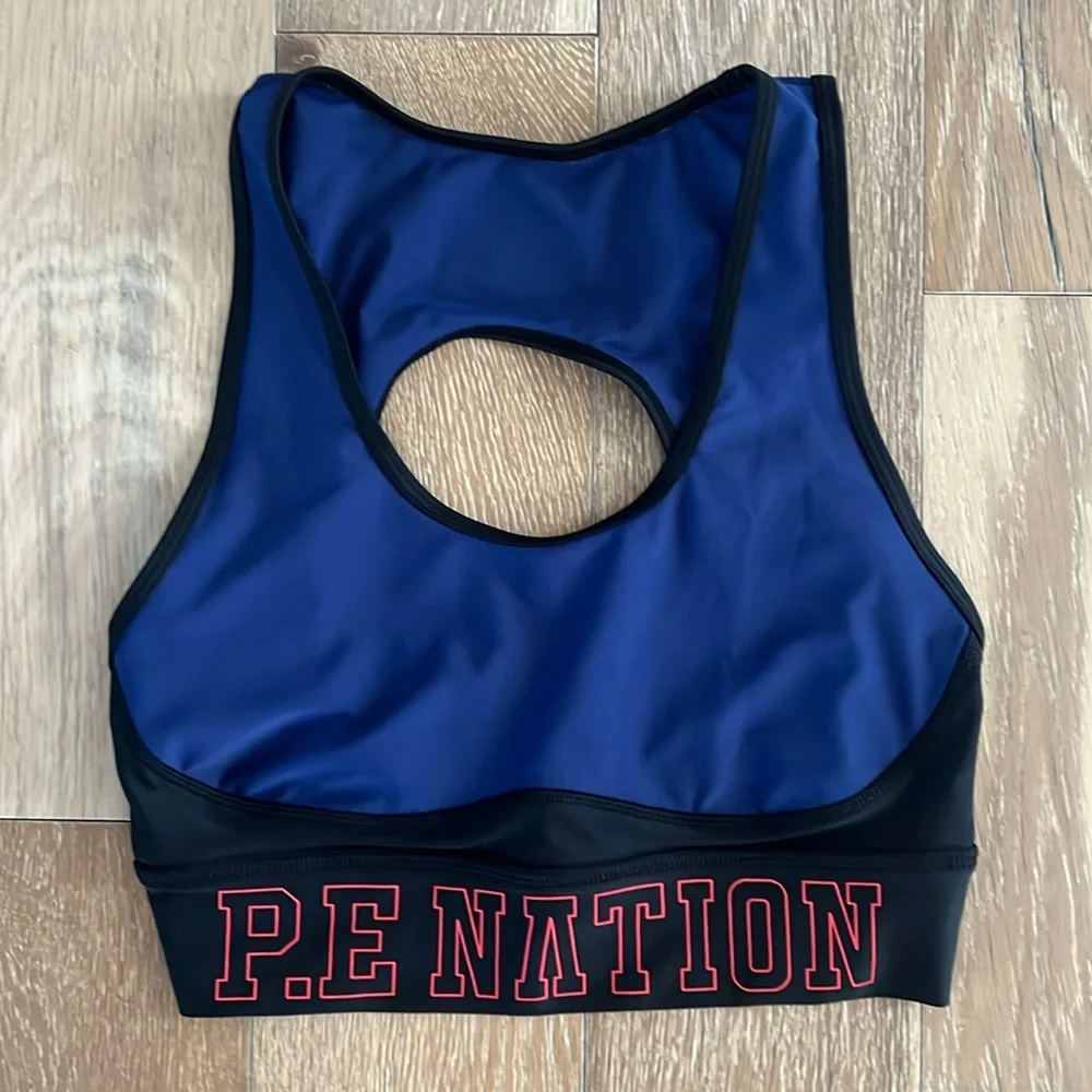 P.E Nation Navy Blue and Black Sports Bra with Red Logo